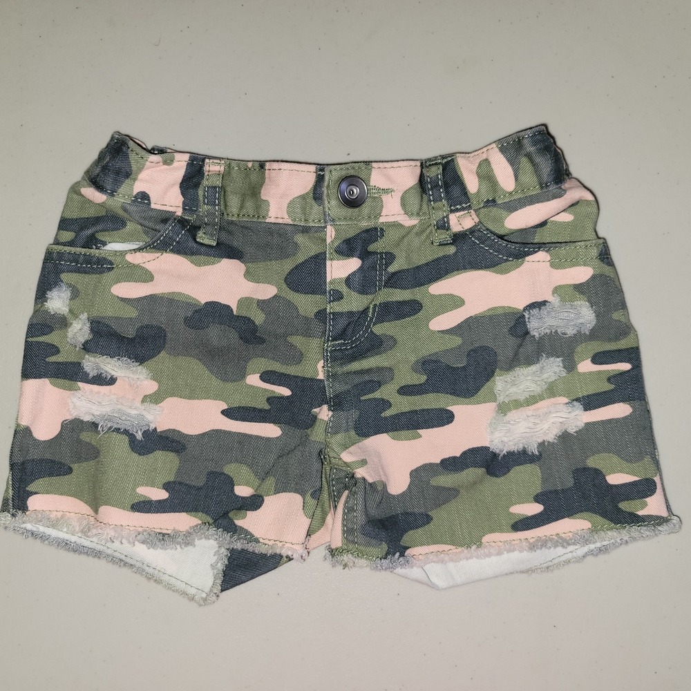 The Childrens Place Girls Pink & Green Camo Distressed Denim Shorts
